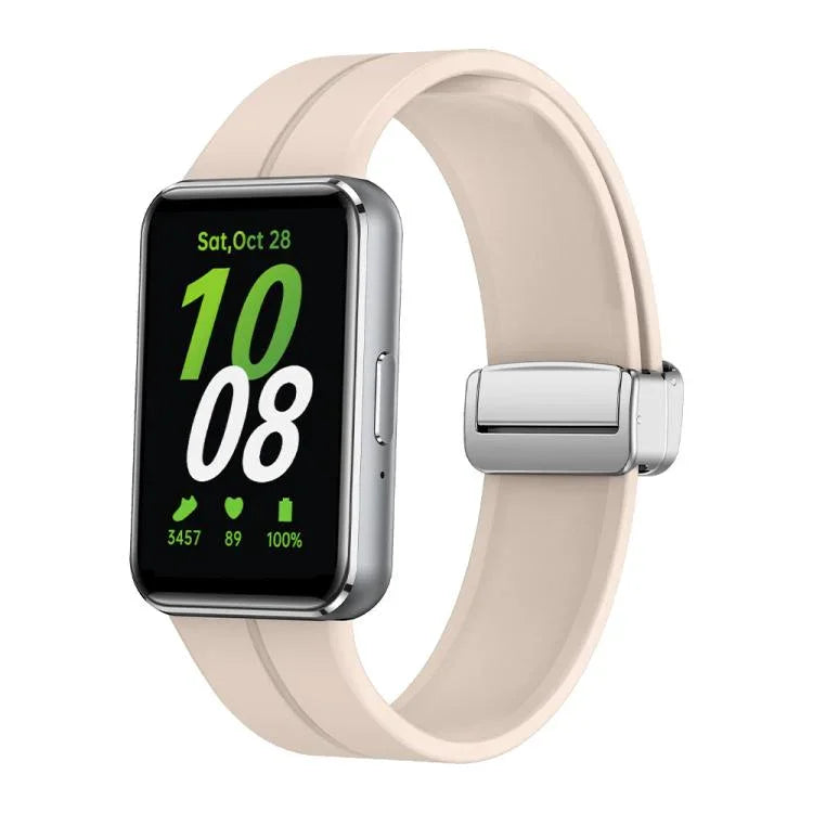 Magnetic Fold Silver Buckle Silicone Watch Band, For Samsung Galaxy Fit 3