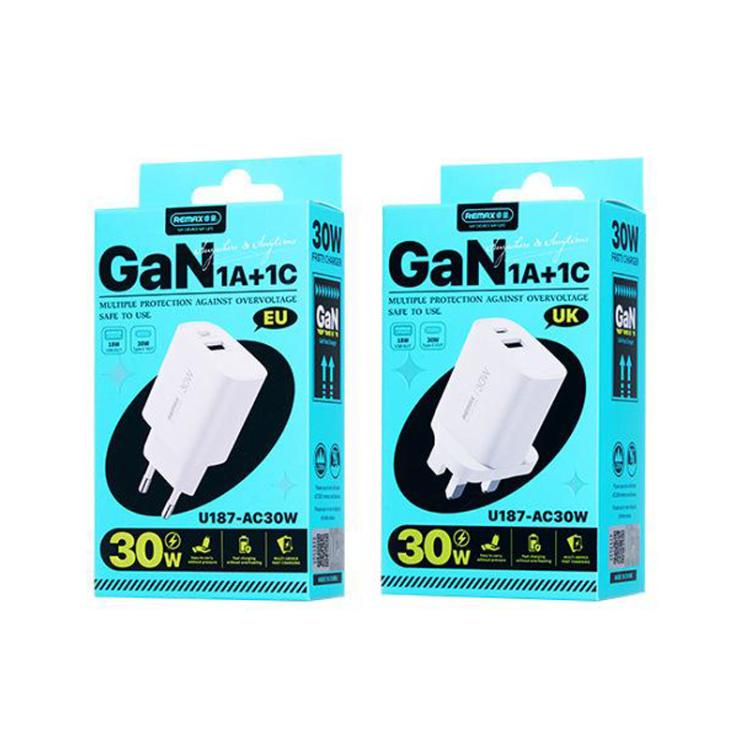REMAX U187 30W USB and Type-C GaN Fast Charger, EU Plug, UK Plug
