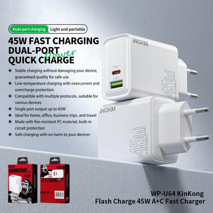 Chargeur rapide WK WP-U64 45W Kinkong Flash Charge USB+Type-C, prise EU, prise UK, prise US