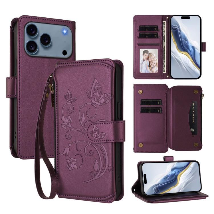 Étui de téléphone en cuir portefeuille à fermeture éclair multi-cartes motif papillon, pour iPhone 17e/16e, pour iPhone 17 Pro Max, pour iPhone 17 Pro, pour iPhone 17, pour iPhone Air, pour iPhone 16 Pro Max