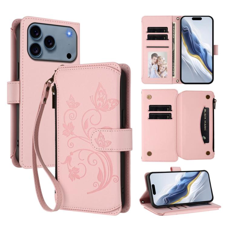 Étui de téléphone en cuir portefeuille à fermeture éclair multi-cartes motif papillon, pour iPhone 17e/16e, pour iPhone 17 Pro Max, pour iPhone 17 Pro, pour iPhone 17, pour iPhone Air, pour iPhone 16 Pro Max