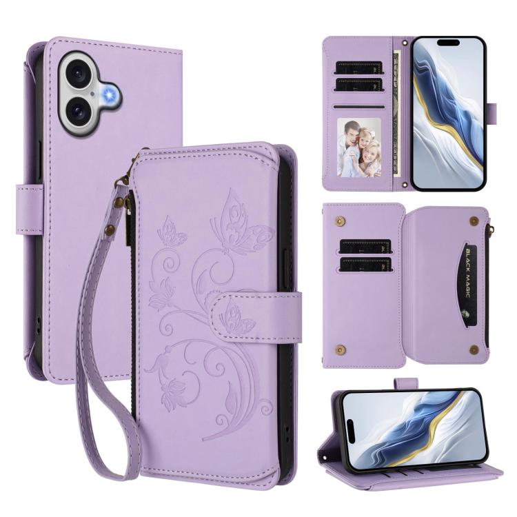 Étui de téléphone en cuir portefeuille à fermeture éclair multi-cartes motif papillon, pour iPhone 17e/16e, pour iPhone 17 Pro Max, pour iPhone 17 Pro, pour iPhone 17, pour iPhone Air, pour iPhone 16 Pro Max