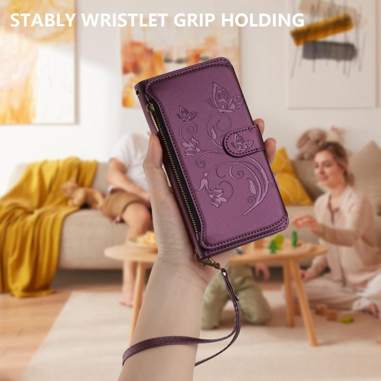 Étui de téléphone en cuir avec fermeture éclair et multiples fentes pour cartes Butterfly Love Flower, pour iPhone 16 Pro, pour iPhone 16 Plus, pour iPhone 16, pour iPhone 15 Pro Max, pour iPhone 15 Pro, pour iPhone 15 Plus