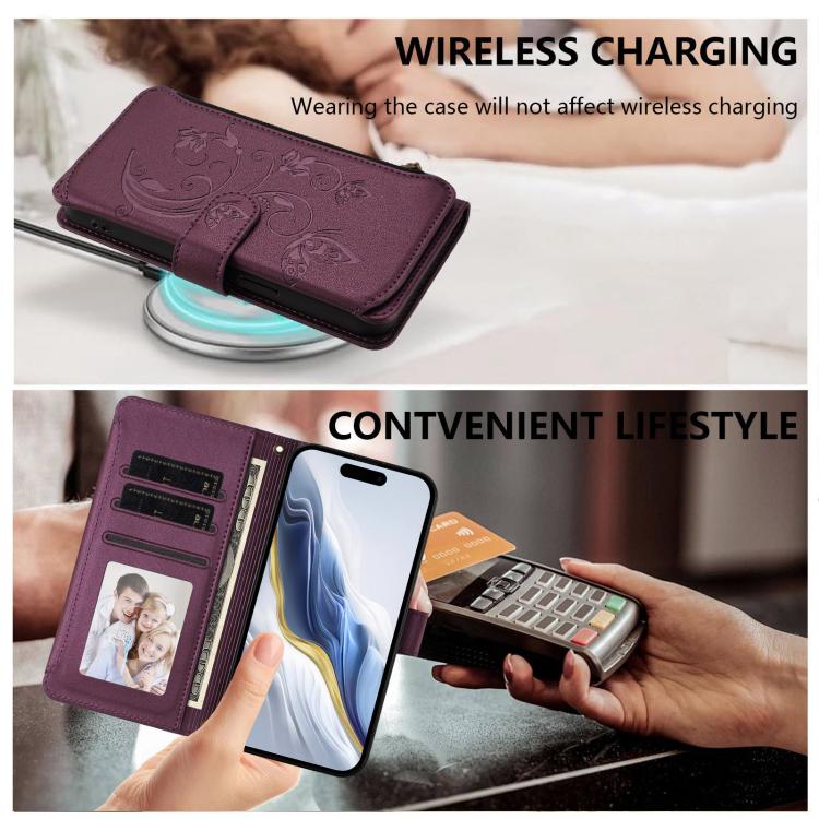Étui de téléphone en cuir avec fermeture éclair et multiples fentes pour cartes Butterfly Love Flower, pour iPhone 16 Pro, pour iPhone 16 Plus, pour iPhone 16, pour iPhone 15 Pro Max, pour iPhone 15 Pro, pour iPhone 15 Plus