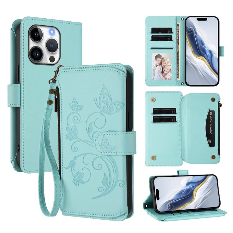 Étui de téléphone en cuir avec fermeture éclair et multiples fentes pour cartes Butterfly Love Flower, pour iPhone 16 Pro, pour iPhone 16 Plus, pour iPhone 16, pour iPhone 15 Pro Max, pour iPhone 15 Pro, pour iPhone 15 Plus