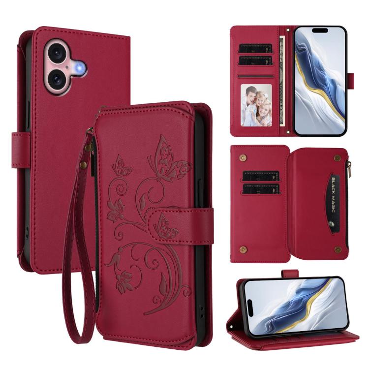 Étui de téléphone en cuir avec fermeture éclair et multiples fentes pour cartes Butterfly Love Flower, pour iPhone 16 Pro, pour iPhone 16 Plus, pour iPhone 16, pour iPhone 15 Pro Max, pour iPhone 15 Pro, pour iPhone 15 Plus
