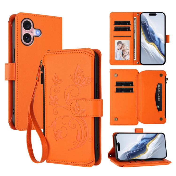 Étui de téléphone en cuir avec fermeture éclair et multiples fentes pour cartes Butterfly Love Flower, pour iPhone 16 Pro, pour iPhone 16 Plus, pour iPhone 16, pour iPhone 15 Pro Max, pour iPhone 15 Pro, pour iPhone 15 Plus