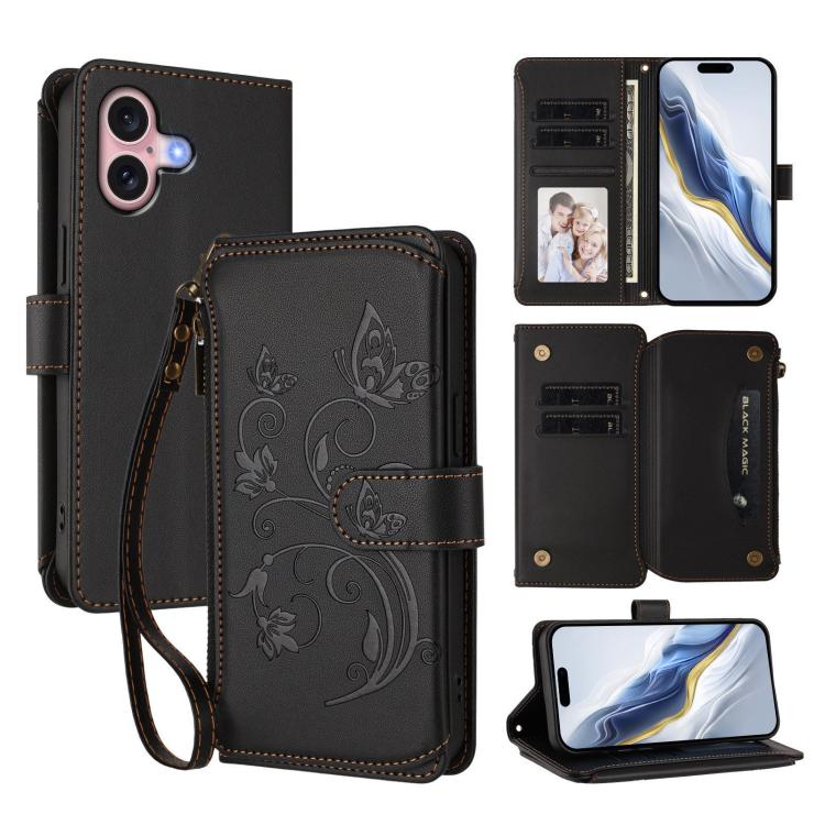Étui de téléphone en cuir avec fermeture éclair et multiples fentes pour cartes Butterfly Love Flower, pour iPhone 16 Pro, pour iPhone 16 Plus, pour iPhone 16, pour iPhone 15 Pro Max, pour iPhone 15 Pro, pour iPhone 15 Plus