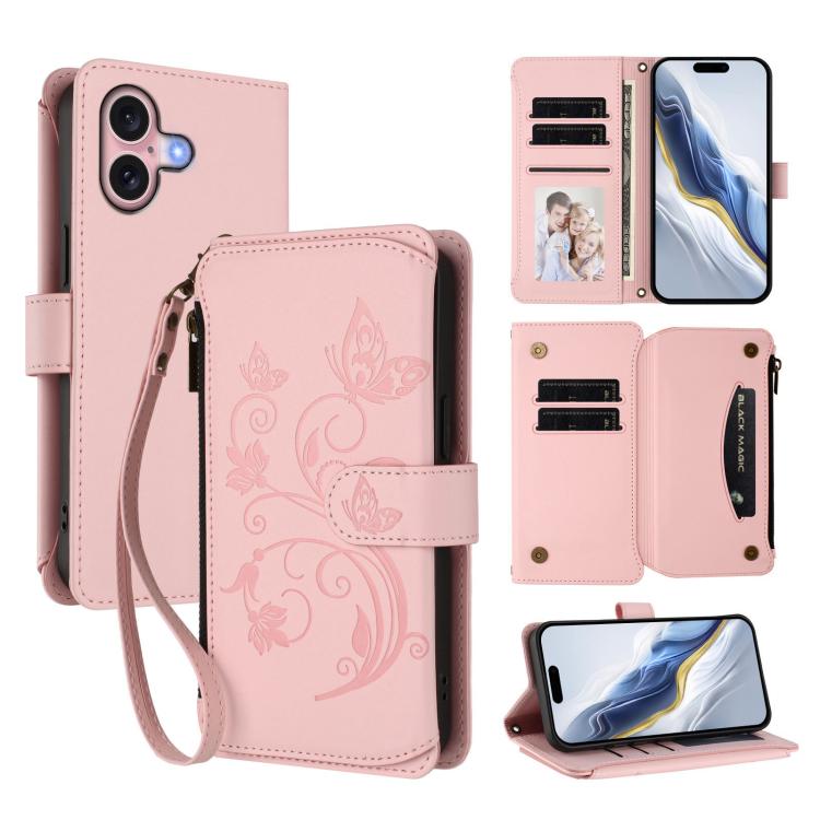Étui de téléphone en cuir avec fermeture éclair et multiples fentes pour cartes Butterfly Love Flower, pour iPhone 16 Pro, pour iPhone 16 Plus, pour iPhone 16, pour iPhone 15 Pro Max, pour iPhone 15 Pro, pour iPhone 15 Plus