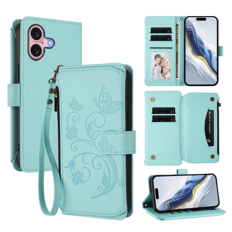 Étui de téléphone en cuir avec fermeture éclair et multiples fentes pour cartes Butterfly Love Flower, pour iPhone 16 Pro, pour iPhone 16 Plus, pour iPhone 16, pour iPhone 15 Pro Max, pour iPhone 15 Pro, pour iPhone 15 Plus