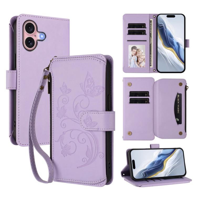 Étui de téléphone en cuir avec fermeture éclair et multiples fentes pour cartes Butterfly Love Flower, pour iPhone 16 Pro, pour iPhone 16 Plus, pour iPhone 16, pour iPhone 15 Pro Max, pour iPhone 15 Pro, pour iPhone 15 Plus