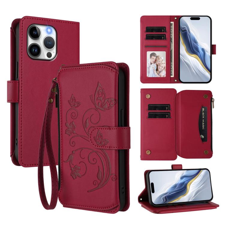 Étui de téléphone en cuir avec fermeture éclair et multiples fentes pour cartes Butterfly Love Flower, pour iPhone 16 Pro, pour iPhone 16 Plus, pour iPhone 16, pour iPhone 15 Pro Max, pour iPhone 15 Pro, pour iPhone 15 Plus