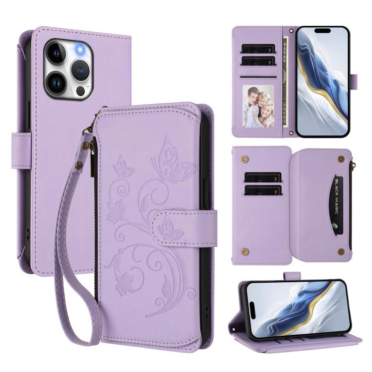 Étui de téléphone en cuir avec fermeture éclair et multiples fentes pour cartes Butterfly Love Flower, pour iPhone 16 Pro, pour iPhone 16 Plus, pour iPhone 16, pour iPhone 15 Pro Max, pour iPhone 15 Pro, pour iPhone 15 Plus
