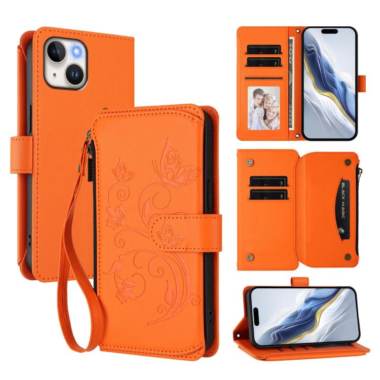 Étui de téléphone en cuir avec fermeture éclair et multiples fentes pour cartes Butterfly Love Flower, pour iPhone 16 Pro, pour iPhone 16 Plus, pour iPhone 16, pour iPhone 15 Pro Max, pour iPhone 15 Pro, pour iPhone 15 Plus