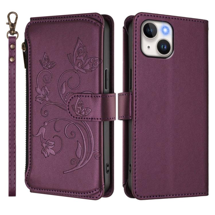 Étui portefeuille en cuir avec fermeture éclair et multiples porte-cartes motif papillon et fleur, pour iPhone 15, pour iPhone 14 Plus, pour iPhone 14 / 13, pour iPhone 14 Pro, pour iPhone 14 Pro Max, pour iPhone 7 / 8 / SE 2022