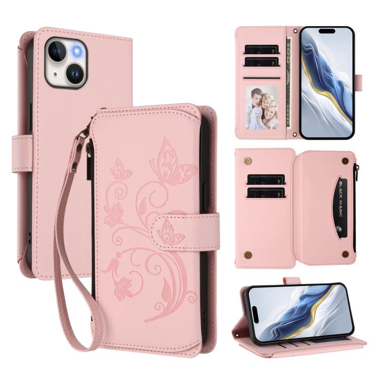 Étui portefeuille en cuir avec fermeture éclair et multiples porte-cartes motif papillon et fleur, pour iPhone 15, pour iPhone 14 Plus, pour iPhone 14 / 13, pour iPhone 14 Pro, pour iPhone 14 Pro Max, pour iPhone 7 / 8 / SE 2022