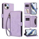 Étui portefeuille en cuir avec fermeture éclair et multiples porte-cartes motif papillon et fleur, pour iPhone 15, pour iPhone 14 Plus, pour iPhone 14 / 13, pour iPhone 14 Pro, pour iPhone 14 Pro Max, pour iPhone 7 / 8 / SE 2022