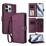 Étui portefeuille en cuir avec fermeture éclair et multiples porte-cartes motif papillon et fleur, pour iPhone 15, pour iPhone 14 Plus, pour iPhone 14 / 13, pour iPhone 14 Pro, pour iPhone 14 Pro Max, pour iPhone 7 / 8 / SE 2022