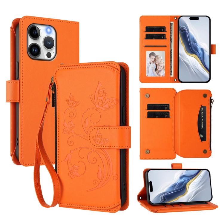 Étui portefeuille en cuir avec fermeture éclair et multiples porte-cartes motif papillon et fleur, pour iPhone 15, pour iPhone 14 Plus, pour iPhone 14 / 13, pour iPhone 14 Pro, pour iPhone 14 Pro Max, pour iPhone 7 / 8 / SE 2022