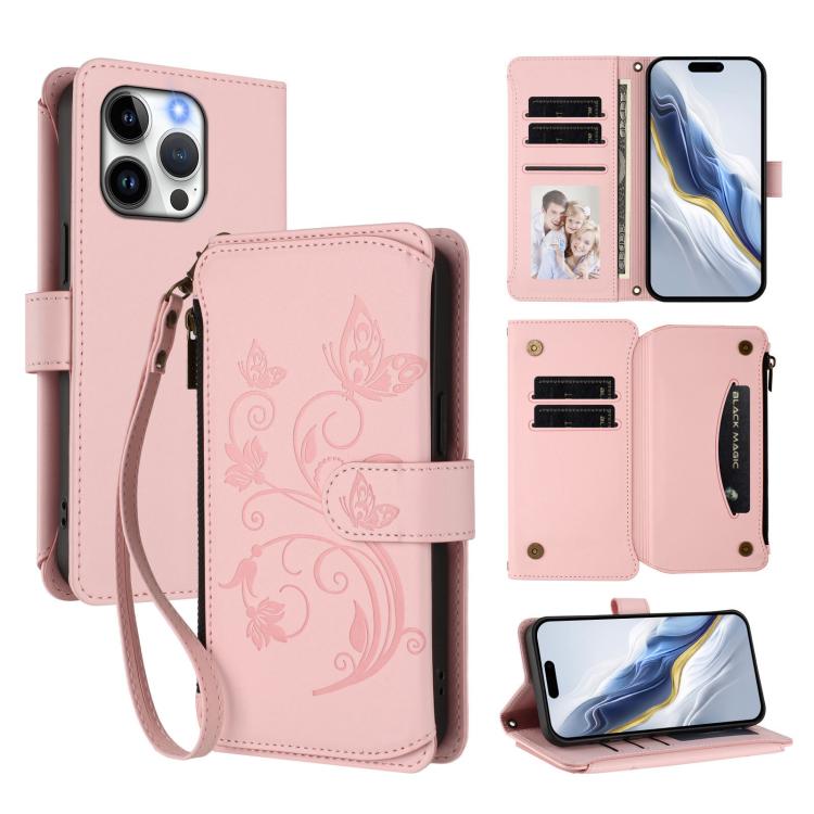 Étui portefeuille en cuir avec fermeture éclair et multiples porte-cartes motif papillon et fleur, pour iPhone 15, pour iPhone 14 Plus, pour iPhone 14 / 13, pour iPhone 14 Pro, pour iPhone 14 Pro Max, pour iPhone 7 / 8 / SE 2022