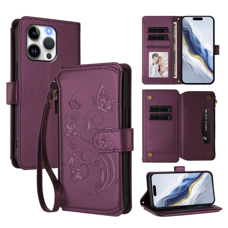 Étui portefeuille en cuir avec fermeture éclair et multiples porte-cartes motif papillon et fleur, pour iPhone 15, pour iPhone 14 Plus, pour iPhone 14 / 13, pour iPhone 14 Pro, pour iPhone 14 Pro Max, pour iPhone 7 / 8 / SE 2022
