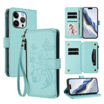 Étui portefeuille en cuir avec fermeture éclair et multiples porte-cartes motif papillon et fleur, pour iPhone 15, pour iPhone 14 Plus, pour iPhone 14 / 13, pour iPhone 14 Pro, pour iPhone 14 Pro Max, pour iPhone 7 / 8 / SE 2022