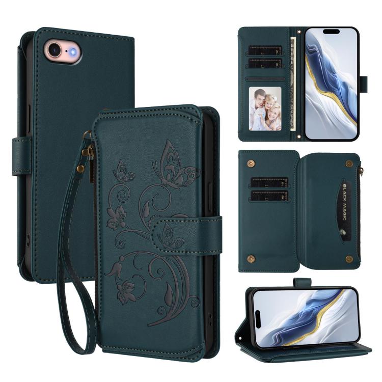 Étui portefeuille en cuir avec fermeture éclair et multiples porte-cartes motif papillon et fleur, pour iPhone 15, pour iPhone 14 Plus, pour iPhone 14 / 13, pour iPhone 14 Pro, pour iPhone 14 Pro Max, pour iPhone 7 / 8 / SE 2022