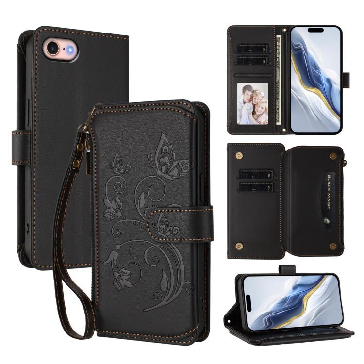 Étui portefeuille en cuir avec fermeture éclair et multiples porte-cartes motif papillon et fleur, pour iPhone 15, pour iPhone 14 Plus, pour iPhone 14 / 13, pour iPhone 14 Pro, pour iPhone 14 Pro Max, pour iPhone 7 / 8 / SE 2022