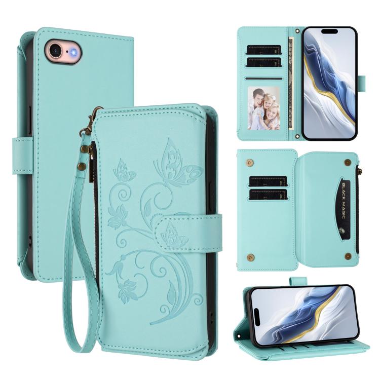 Étui portefeuille en cuir avec fermeture éclair et multiples porte-cartes motif papillon et fleur, pour iPhone 15, pour iPhone 14 Plus, pour iPhone 14 / 13, pour iPhone 14 Pro, pour iPhone 14 Pro Max, pour iPhone 7 / 8 / SE 2022