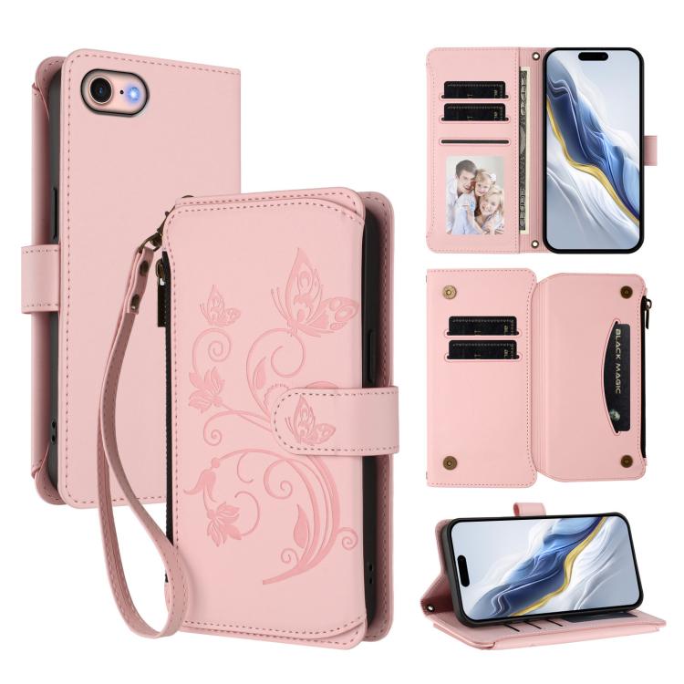 Étui portefeuille en cuir avec fermeture éclair et multiples porte-cartes motif papillon et fleur, pour iPhone 15, pour iPhone 14 Plus, pour iPhone 14 / 13, pour iPhone 14 Pro, pour iPhone 14 Pro Max, pour iPhone 7 / 8 / SE 2022