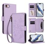 Étui portefeuille en cuir avec fermeture éclair et multiples porte-cartes motif papillon et fleur, pour iPhone 15, pour iPhone 14 Plus, pour iPhone 14 / 13, pour iPhone 14 Pro, pour iPhone 14 Pro Max, pour iPhone 7 / 8 / SE 2022