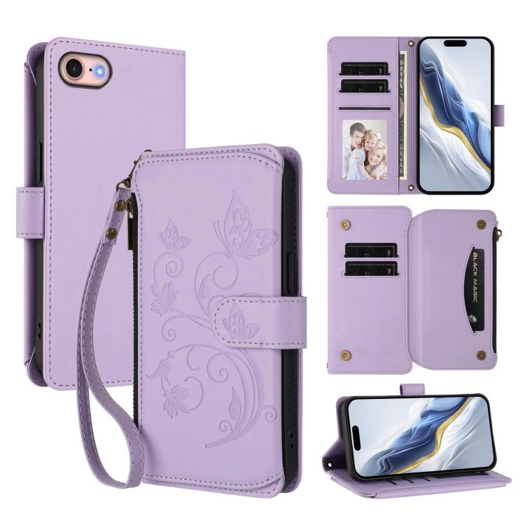 Étui portefeuille en cuir avec fermeture éclair et multiples porte-cartes motif papillon et fleur, pour iPhone 15, pour iPhone 14 Plus, pour iPhone 14 / 13, pour iPhone 14 Pro, pour iPhone 14 Pro Max, pour iPhone 7 / 8 / SE 2022