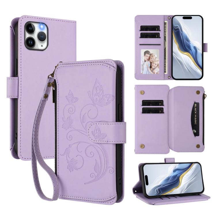 Étui portefeuille en cuir zippé multi-cartes motif papillon et fleurs, pour iPhone 11 Pro Max, pour iPhone 11, pour iPhone 11 Pro, pour iPhone X / XS, pour iPhone XR, pour iPhone XS Max