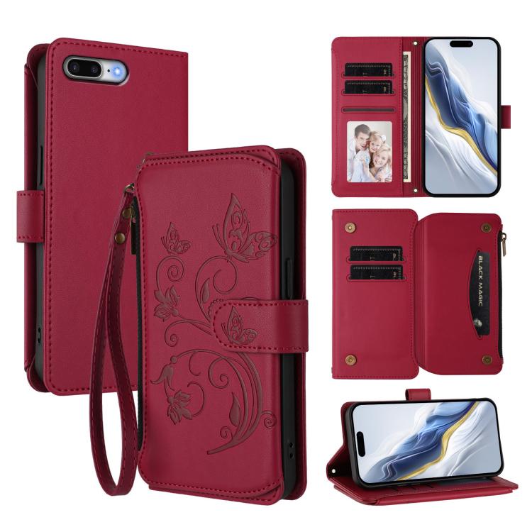 Étui portefeuille en cuir zippé multi-cartes motif papillon et fleurs, pour iPhone 7 Plus / 8 Plus