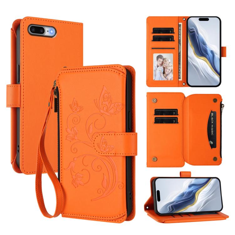 Étui portefeuille en cuir zippé multi-cartes motif papillon et fleurs, pour iPhone 7 Plus / 8 Plus