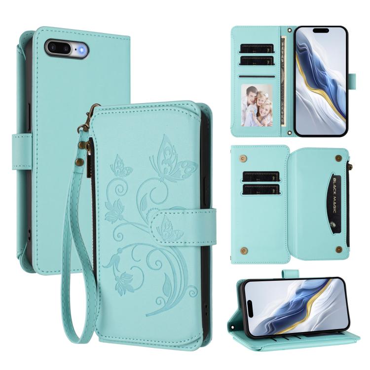 Étui portefeuille en cuir zippé multi-cartes motif papillon et fleurs, pour iPhone 7 Plus / 8 Plus