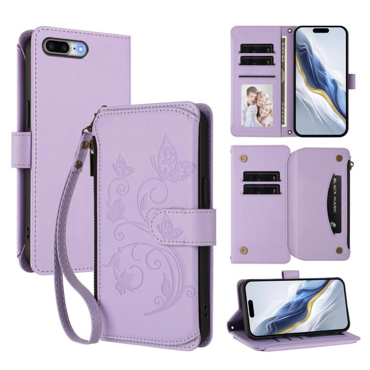 Étui portefeuille en cuir zippé multi-cartes motif papillon et fleurs, pour iPhone 7 Plus / 8 Plus