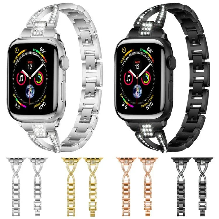 Bracelet de montre xDfind en métal serti de diamants en forme de X, pour Apple Watch 42/44/45/46/49 mm et Apple Watch 38/40/41/S10 42 mm.