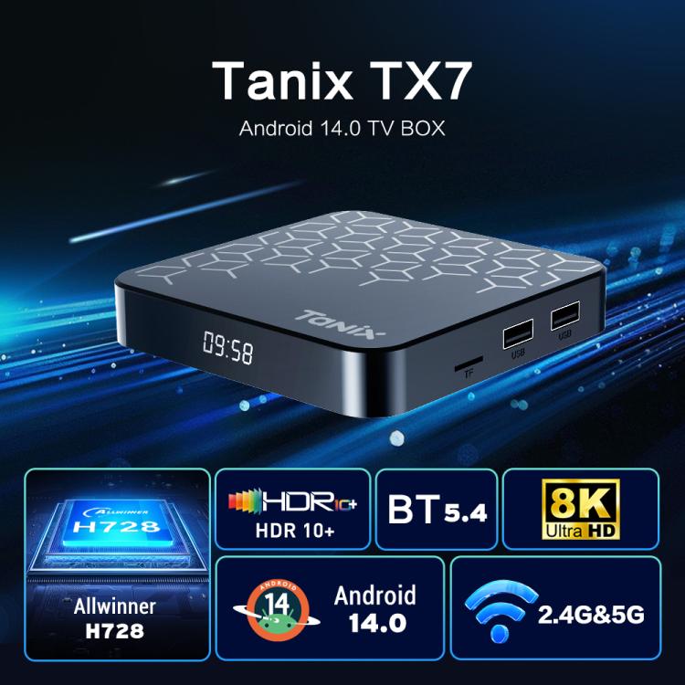 Boîtier Smart TV Tanix TX7 8K UHD Android 14 avec télécommande, Allwinner H728 Octa-Core, 2GB+16GB, 4GB+32GB, 4GB+64GB