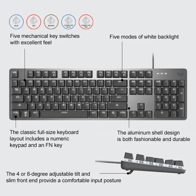 Clavier mécanique filaire Logitech K845 rétroéclairé, longueur de câble : 1,8 m, axe Longhua marron, axe Longhua rouge