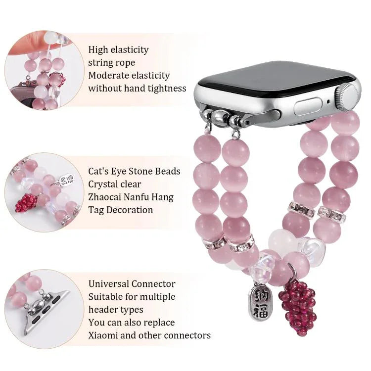 Bracelet de montre à perles en pierre œil de chat, compatible avec Apple Watch 46 mm / 49 mm / 45 mm / 44 mm et Apple Watch 42 mm / 41 mm / 40 mm / 38 mm