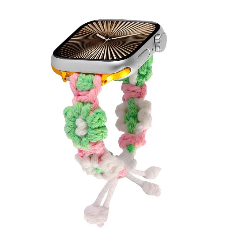 Bracelet de montre à cordon en corde de chanvre tressée à fleurs, compatible avec Apple Watch 46 mm / 49 mm / 45 mm / 44 mm et Apple Watch 42 mm / 41 mm / 40 mm / 38 mm.