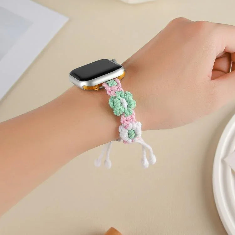 Bracelet de montre à cordon en corde de chanvre tressée à fleurs, compatible avec Apple Watch 46 mm / 49 mm / 45 mm / 44 mm et Apple Watch 42 mm / 41 mm / 40 mm / 38 mm.