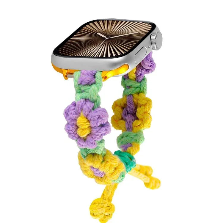 Bracelet de montre à cordon en corde de chanvre tressée à fleurs, compatible avec Apple Watch 46 mm / 49 mm / 45 mm / 44 mm et Apple Watch 42 mm / 41 mm / 40 mm / 38 mm.
