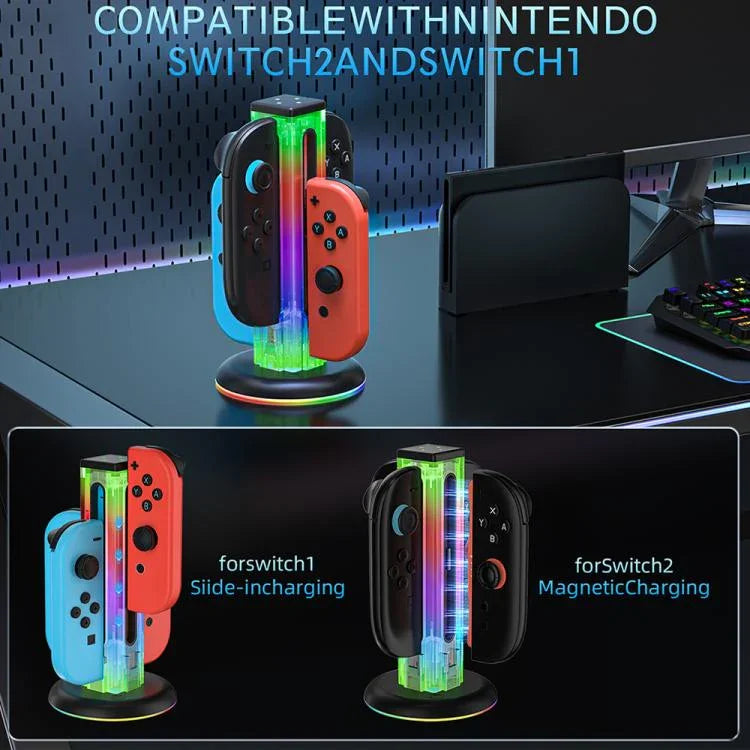 JYS NS2318 Station de charge 4-en-1 pour manette de jeu avec lumière RVB, pour Nintendo Switch 1 / 2, JYS-NS2318