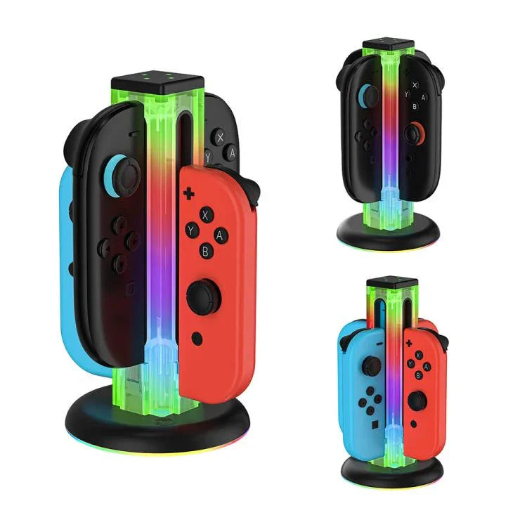 JYS NS2318 Station de charge 4-en-1 pour manette de jeu avec lumière RVB, pour Nintendo Switch 1 / 2, JYS-NS2318