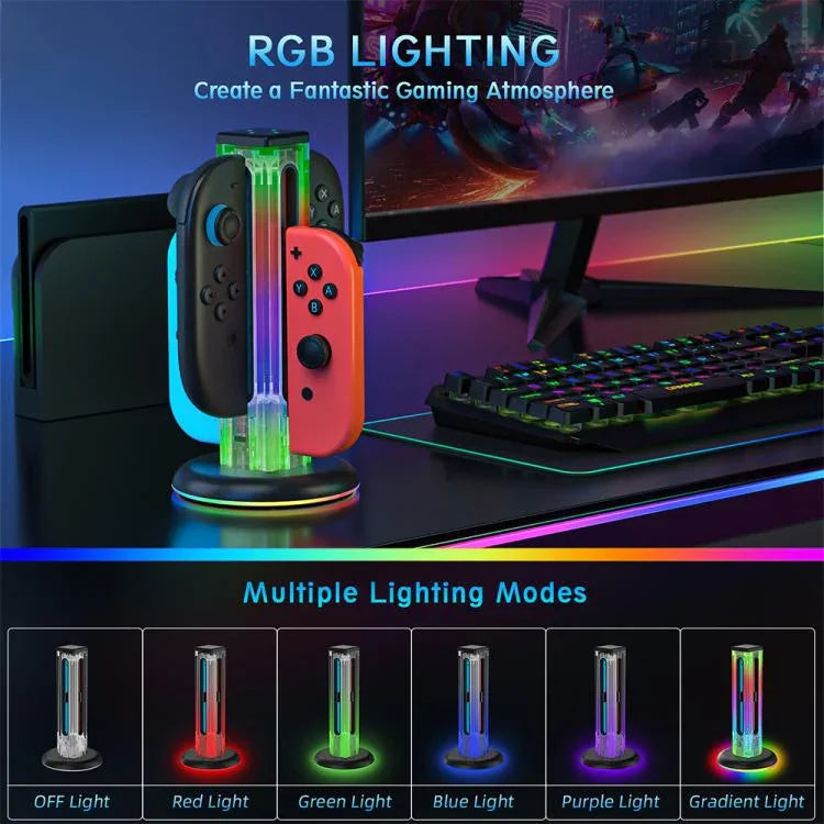 JYS NS2318 Station de charge 4-en-1 pour manette de jeu avec lumière RVB, pour Nintendo Switch 1 / 2, JYS-NS2318