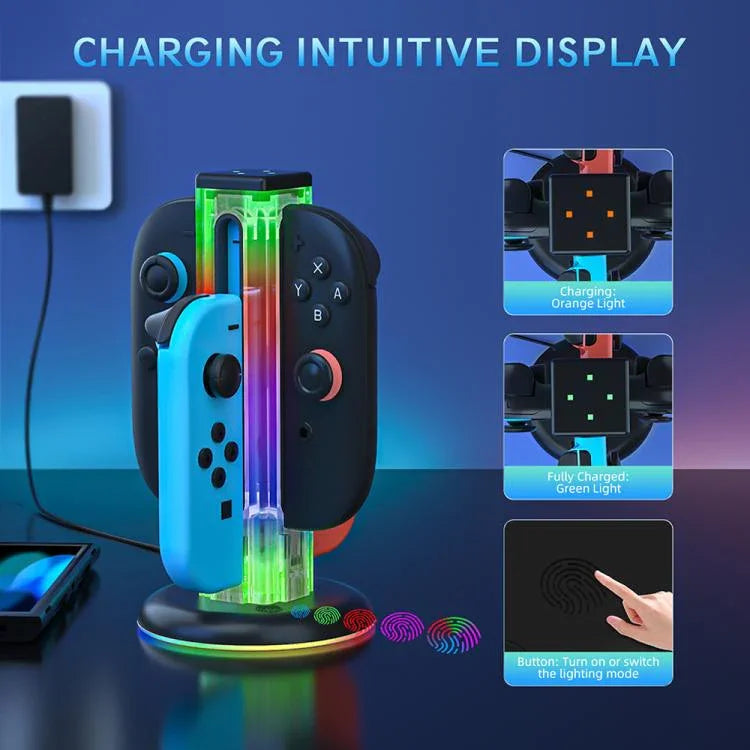 JYS NS2318 Station de charge 4-en-1 pour manette de jeu avec lumière RVB, pour Nintendo Switch 1 / 2, JYS-NS2318