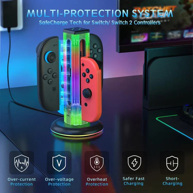 JYS NS2318 Station de charge 4-en-1 pour manette de jeu avec lumière RVB, pour Nintendo Switch 1 / 2, JYS-NS2318