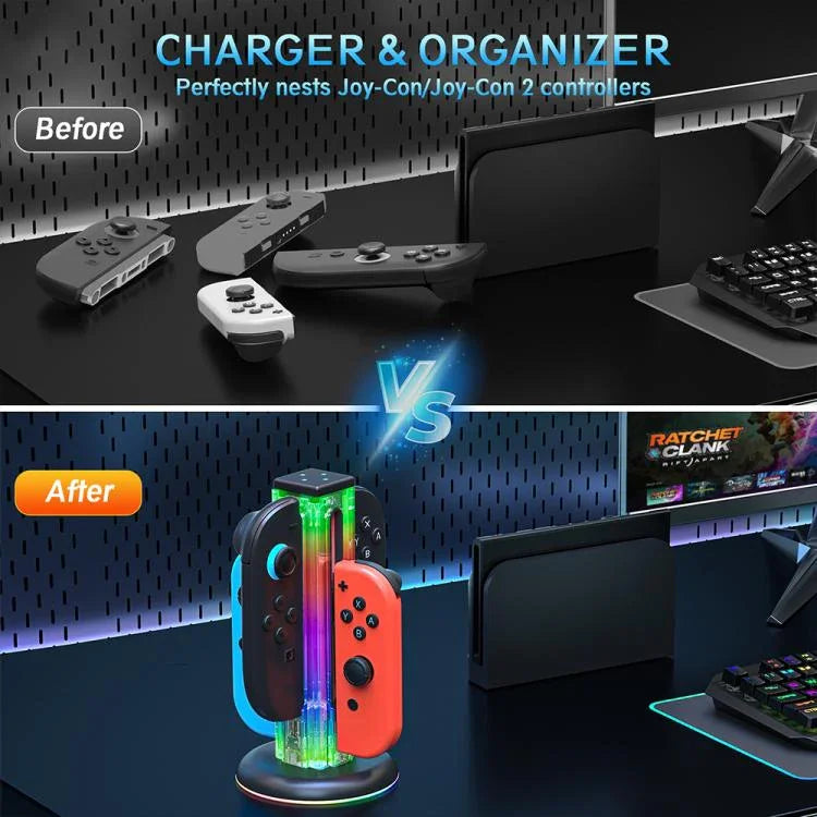 JYS NS2318 Station de charge 4-en-1 pour manette de jeu avec lumière RVB, pour Nintendo Switch 1 / 2, JYS-NS2318